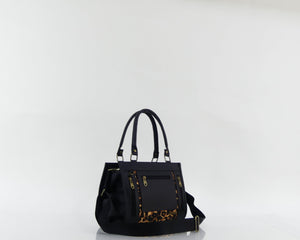 Cartera manos libres Totti mediana, color negro y leopardo