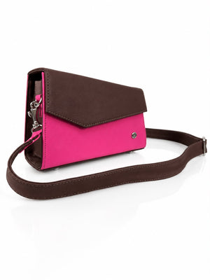 Bolso manos libres Mercurio, color café y fucsia