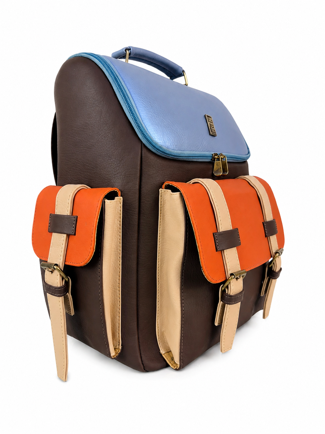 Morral Everest grande, color azul metalizado y café