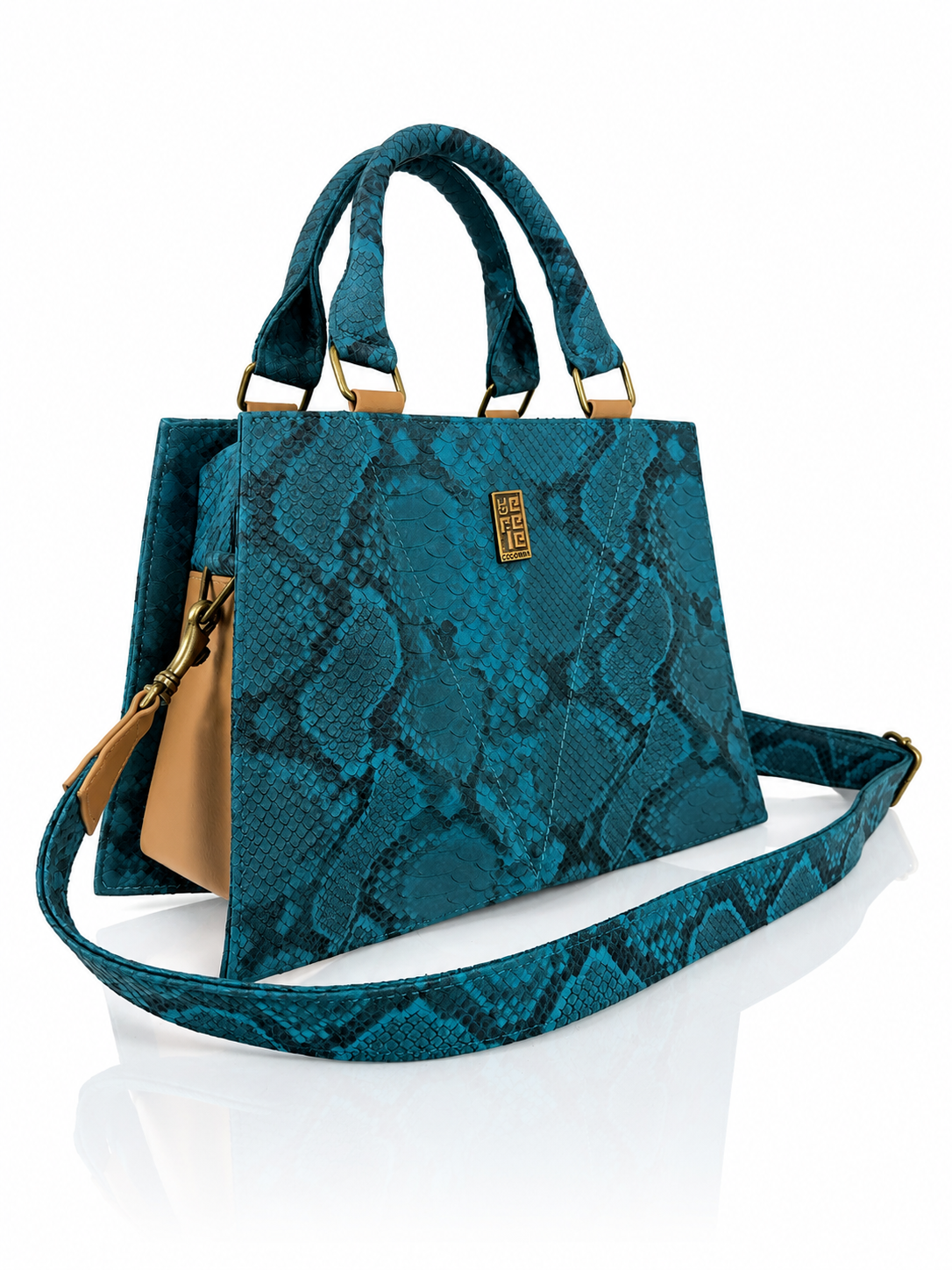Cartera manos libres Francia grande, color pitón turquesa