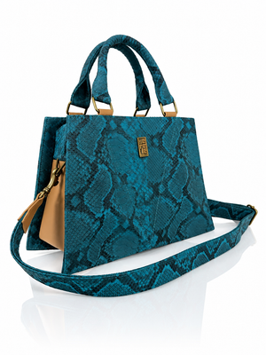 Cartera manos libres Francia grande, color pitón turquesa