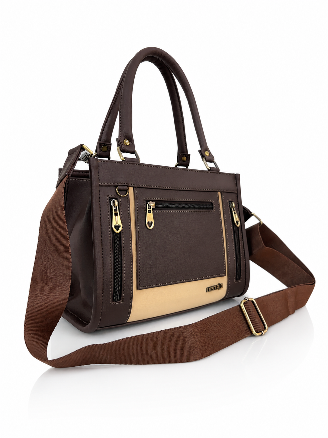 Cartera manos libres Totti mediana, color café y beige