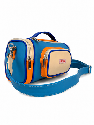 Cartera manos libres Segovia, color azul y naranja