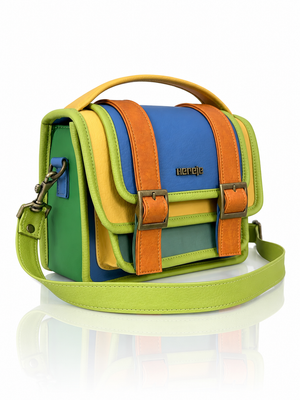 Cartera manos libres Ivy grande, color celeste y mostaza