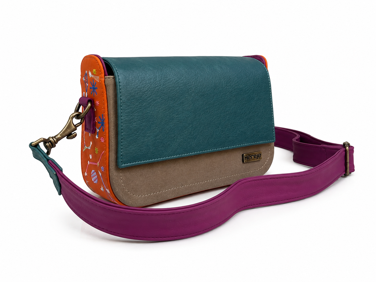 Cartera manos libres Venus, color turquesa y taupe