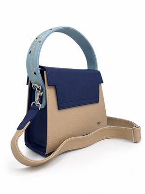 Cartera manos libres Saturno, color azul y arena
