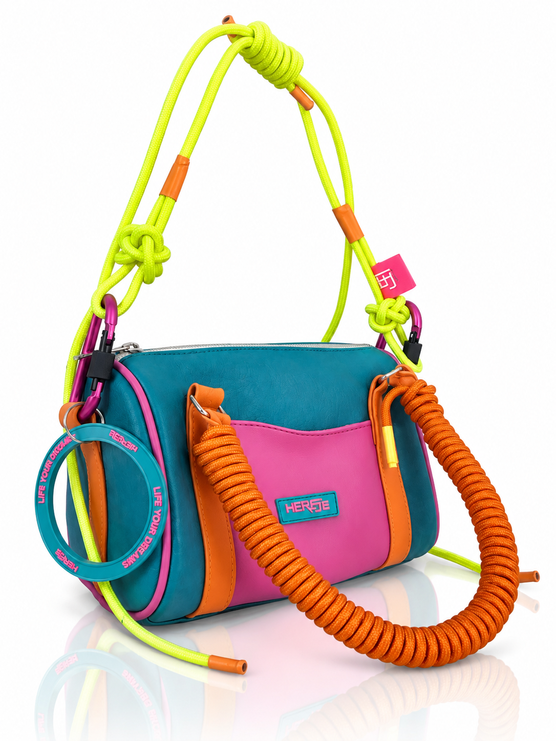 Cartera manos libres Boston Nudos, color turquesa y naranja