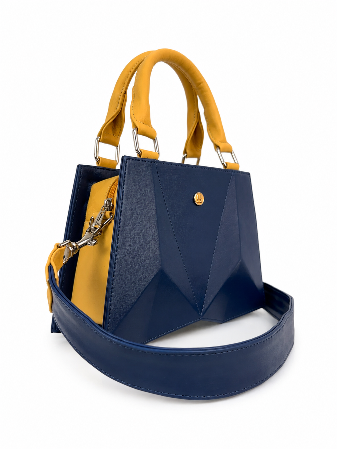 Cartera manos libres New Francia, color azul oscuro y mostaza