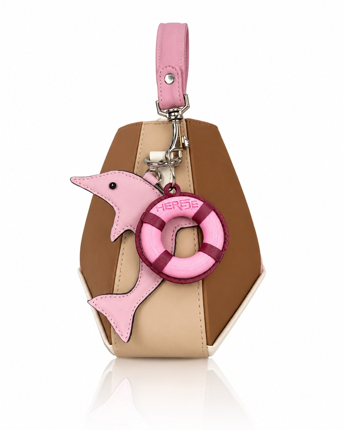 Cartera manos libres Dubai color camel y rosado de Hereje, colección Siete Colores