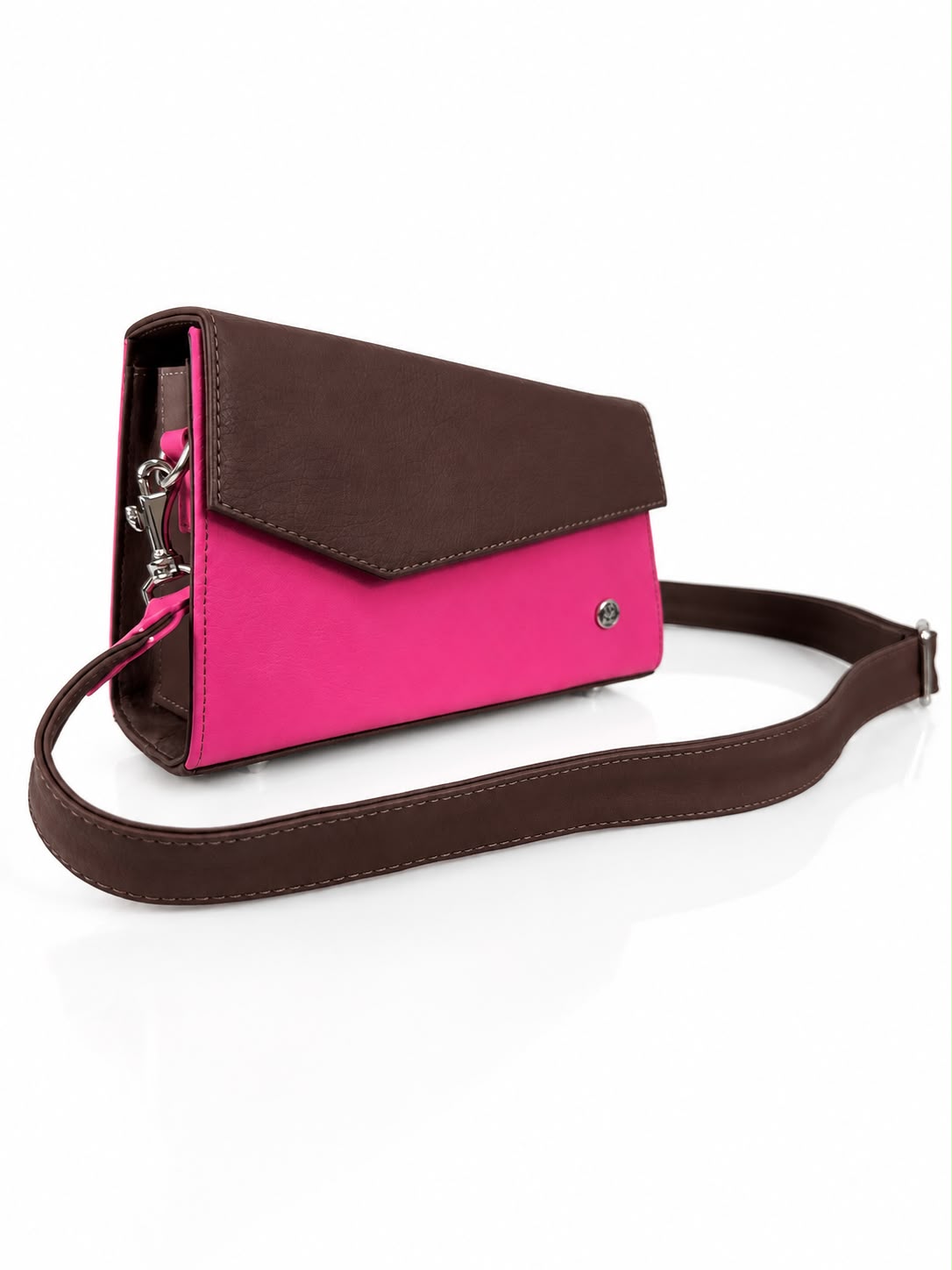 Bolso manos libres Mercurio, color café y fucsia